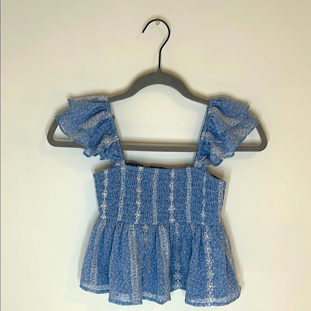 Altar'd State Blue Ruffled Blouse with Smocked Bodice